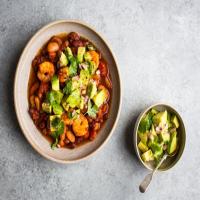 Spiced Prawns with Mexican Bean Stew & Avocado Salsa_image