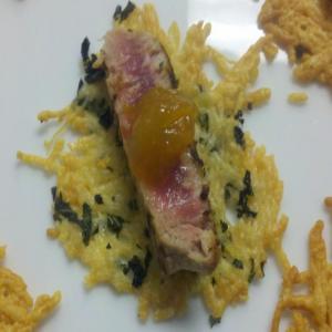 Seared Spicy Tuna on Basil Parmesan Crisps With Apricot Jam_image