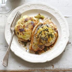 Pork chops with bubble 'n' leek cakes image