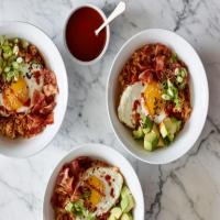Gochujang Brown Rice Bowls Topped with Avocado, Bacon, Scallions, and Fried Eggs image