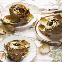 Steamed Globe Artichokes with Pecorino Vinaigrette and Fried Garlic Chips image