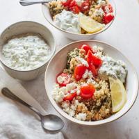 20-Minute Instant Pot Mediterranean Quinoa Bowl with Frozen Spinach and Tzatziki image