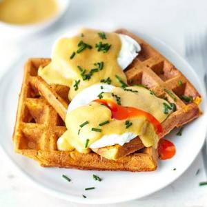 Marmite eggs benedict with waffles image