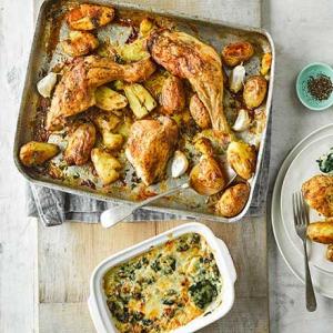 Roast chicken with squashed new potatoes & cheesy creamed spinach_image