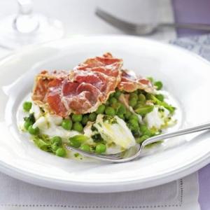 Crisp prosciutto, pea & mozzarella salad with mint vinaigrette_image