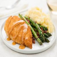 Panko-Crusted Chicken Breast and White Wine Demi with smoked Gouda mash and roasted bacon asparagus_image