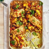 Curried butter-baked cod with cauliflower & chickpeas image