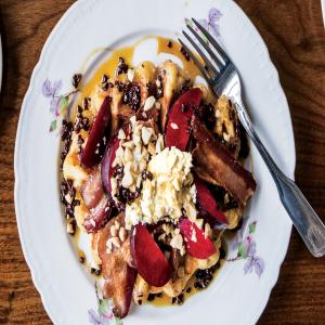 Pearl Sugar Waffles With Bacon And Plums image