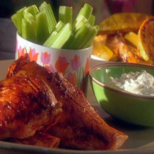 Chicken With Buffalo Sauce And Blue Cheese Dip With Roasted Sweet Potatoes_image