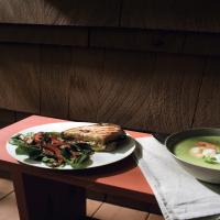 Eggplant, Red Pepper, and Fontina Panini with Spinach Salad_image