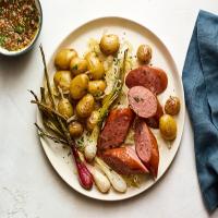 Sheet-Pan Sausage With Spring Onions, Potatoes and Mustard_image