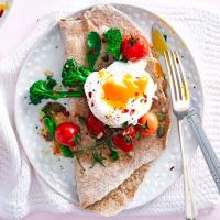 Poached eggs with broccoli, tomatoes & wholemeal flatbread image