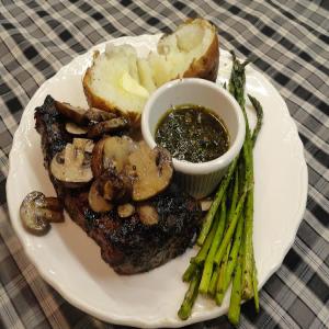 Grilled Chimichurri Steak with pan grilled mushrooms and asparagus_image