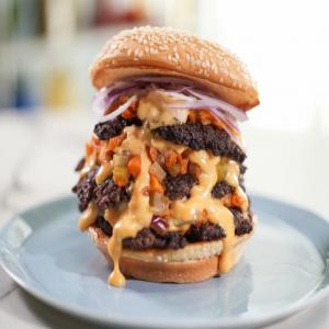 Triple Decker Burgers with Roasted Vegetables and Cheese Sauce image