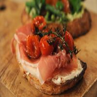 Tartine with Tarragon-Flavored Slow-Roasted Cherry Tomatoes and Proscuitto image