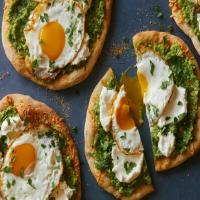 Breakfast Pizza with Zucchini Pesto, Provolone, Smoked Ricotta and Olive Oil Fried Egg image