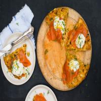Green Garlic and Leek Matzo Brei With Smoked Salmon and Horseradish Cream image