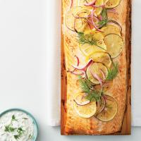 Cedar-Planked Salmon with Cucumber-Dill Sauce_image