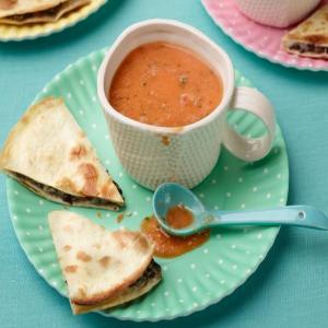 Creamy Chilled Tomato Soup with Black Bean-Pepper Jack Quesadillas image