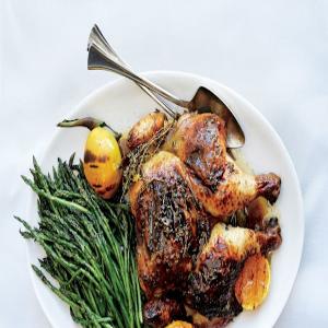 Roast Chicken with Rhubarb Butter and Asparagus_image