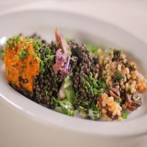 Black Lentils with Kabocha Squash, Swiss Chard, Barley-Mushroom Grits and Zhoug_image
