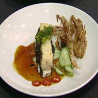 Pan Seared Wild Rockfish and Soft Shell Crab Tempura with Ginger and Yuzu Glaze, Cucumber and Toasted Nori_image