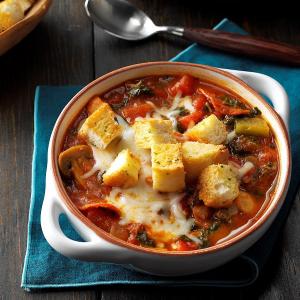 Pizza Soup with Garlic Toast Croutons Recipe | Taste of Home_image