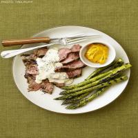 Grilled Flank Steak with Gorgonzola Cream Sauce and Asparagus image
