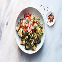 Quinoa Bowl With Crispy Brussels Sprouts, Eggplant and Tahini image