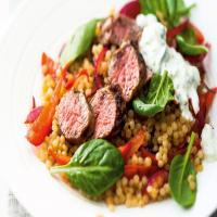 Pan-fried lamb with giant couscous salad recipe_image