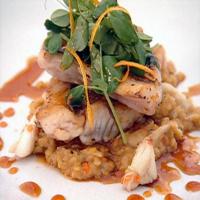 Crispy Skinned Florida Yellowtail Snapper, Red Lentil and Yellow Crab Cassoulet with Sweet and Sour Tangelo Cascabel Syrup_image