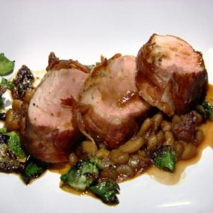 Prosciutto-Wrapped Pork Tenderloin with Flageolet Ragout and Frizzled Brussels Sprout Leaves_image