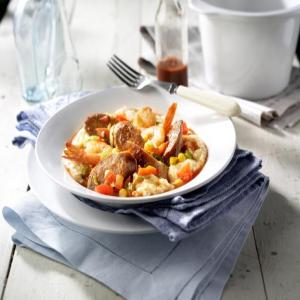 Hot Italian Sausage and Shrimp with Asiago Grits_image