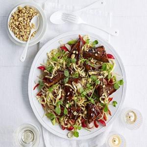 Miso-glazed tofu steaks with beansprout salad & egg strands_image