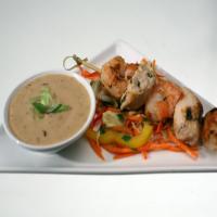 Chicken and Shrimp Satay with Coconut Peanut Sauce and Fresh Vegetable Salad image