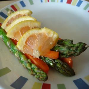 Grilled Asparagus and Carrots With Grapefruit Dill Sauce image