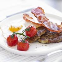 Boxty with bacon, eggs & tomatoes image