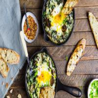Baked Eggs With Creamy Greens, Mushrooms, and Cheese Recipe_image