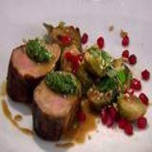 Spice Rubbed Pork Tenderloin with Roasted Brussels Sprouts, Jalapeno Pesto and Pomegranate_image