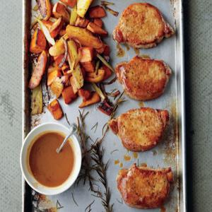 Cider-Dijon Pork Chops with Roasted Sweet Potatoes and Apples Recipe | Epicurious.com_image