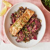 Mustardy salmon with beetroot & lentils image