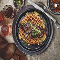 Collard Waffles With Brined Trout and Maple Hot Sauce_image