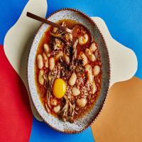 Brothy Beans and Farro with Eggs and Mushrooms image