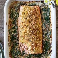 Bay-crumbed salmon with creamed spinach & wild mushrooms image