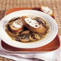 Caramelized Onion and Portobello Mushroom Soup with Goat Cheese Croutons image