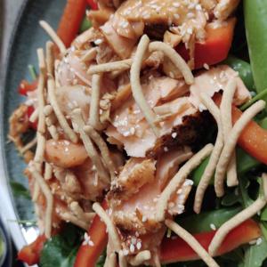 Grilled Salmon, Snap Peas and Spring Mix Salad with Chow Mein Noodles image