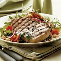 Griddled tuna with bean & tomato salad image
