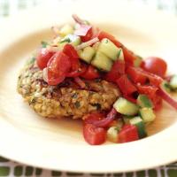 Chickpea and Brown Rice Veggie Burgers with Tomato Salad_image