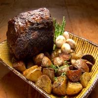Rib Roast with Red Wine Demi-Glace and Roasted White Potatoes and Asparagus image