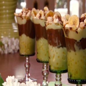Mixed Pudding Parfaits with Banana Chips and Chocolate Curls image
